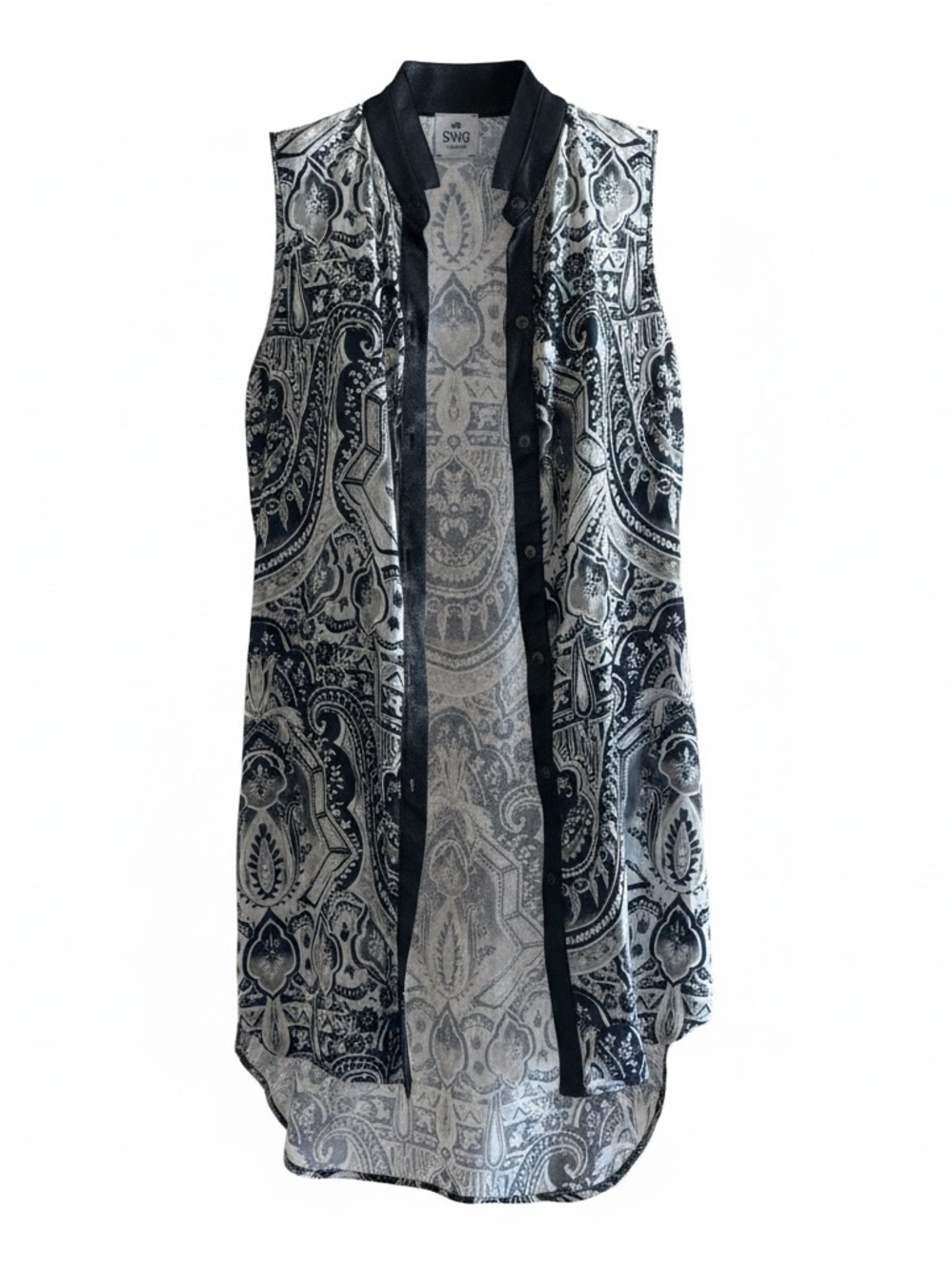 SW3 Bespoke Black & White Paisley Sleeveless Button-Front Tunic 100% silk